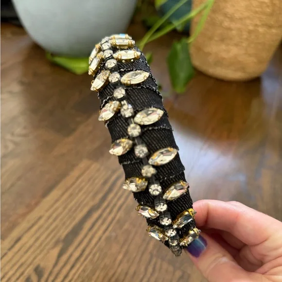 Black Jeweled Padded Headband with Clear and Gold Crystals - Picture 3 of 4